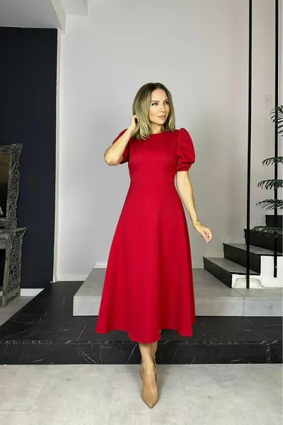  Balloon Sleeve Flared Jurk Rood