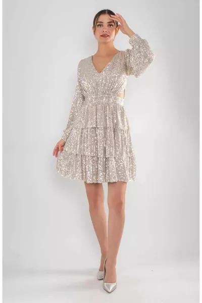 Жените бежов пайети пайети ръкави цепка обратно отворен ниско нарязани кратко сватба годеж обещание след рокля вечерни рокли