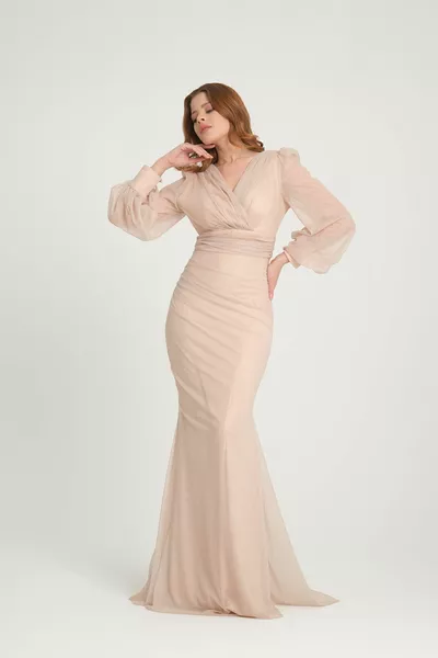 المرأة مزدوجة الصدر طوق طويل الأكمام الأسماك شكل كورساج الكفة مفصلة بريق الزفاف دعوة الخطوبة فساتين السهرة