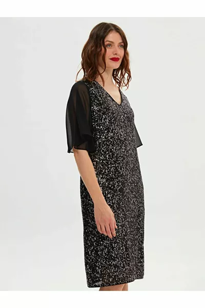 Abendkleid mit Pailletten mit V-Ausschnitt und Chiffonärmeln 