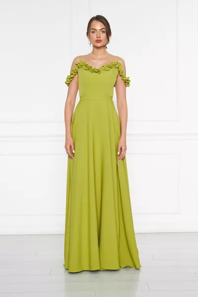 الفستق الأخضر كشكش طوق التفاصيل قابل للتعديل حزام المنسوجة النسيج ماكسي اشتعلت مساء اللباس