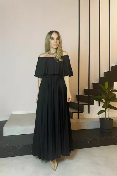  Madonna Kragen Plissiertes Design Kleid Schwarz