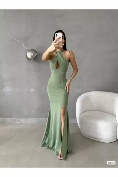 Rivelatore petto indietro scollatura scollo cravatta collare abito da sera lungo con fessura di pesce