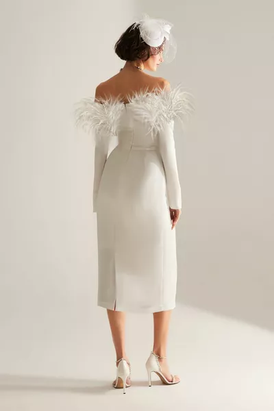 روزالي ريشة طويلة الأكمام ميدي فستان الزفاف