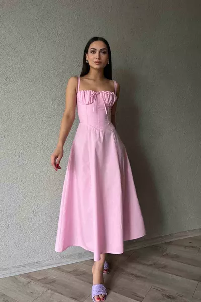 Pink Corset Detailed Thin Strappy Dress