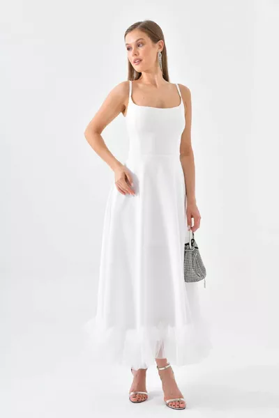 حزام رفيع متوهج قطع القطن أطلس النسيج تنورة جزء تول مفصلة ميدي طول أبيض مساء اللباس 