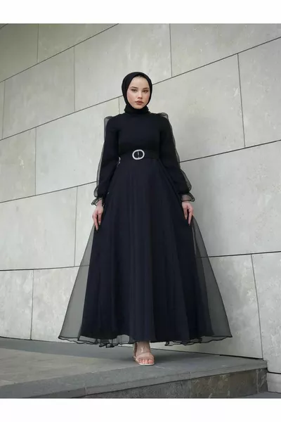 Ellipse Chain Belt Organza Hijab Evening Dress Black