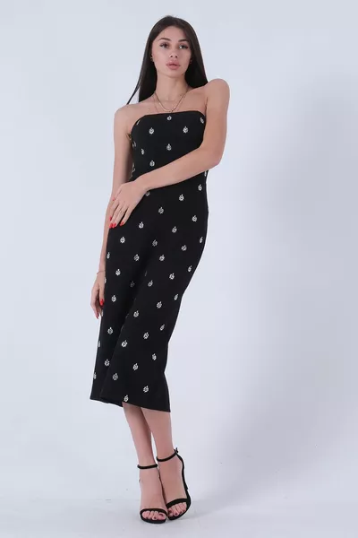Stone Embroidered Midi Length Strapless Evening Dress Black 