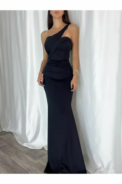 Q بسط أسود سكوبا النسيج طوق مفصلة واحدة الكتف طويلة مساء اللباس وفستان التخرج  