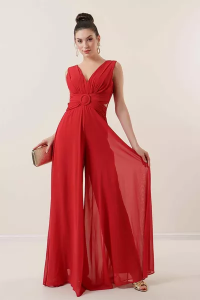 خصر منخفض الظهر الأمامي الرقبة V مبطن جمبسوت شيفون