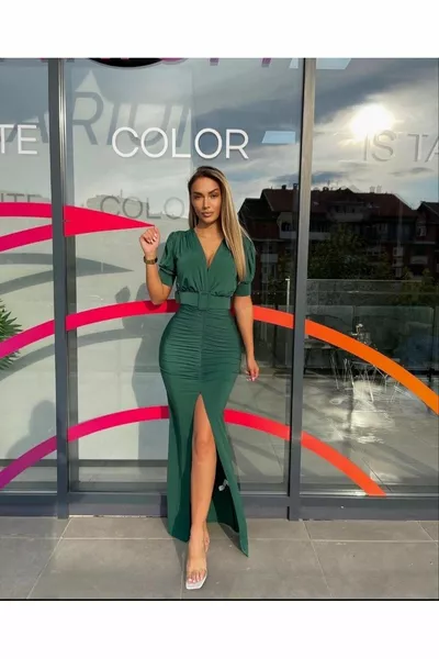 مزدوج الصدر طوق الأكمام قصيرة الرباط الجبهة شق حزام أزياء مساء اللباس