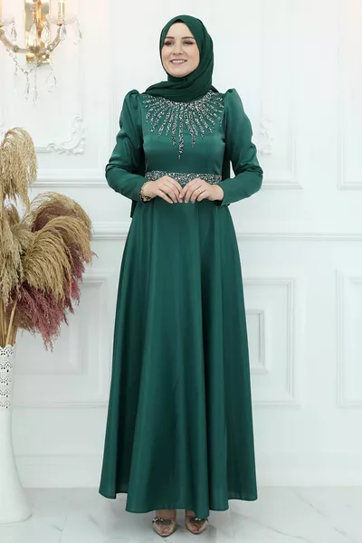 Beren Abito da Sera in Raso Smeraldo