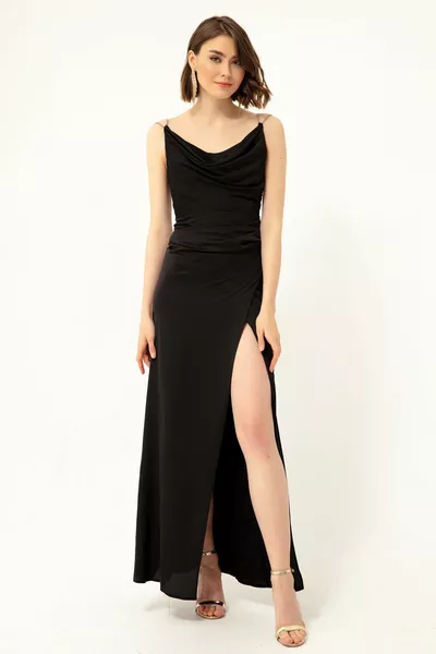 Kadın Siyah Taş Askılı Degaje Yaka Saten Abiye Elbise