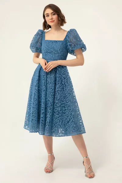 المرأة النيلي بالون الأكمام بريق ميدي فساتين السهرة