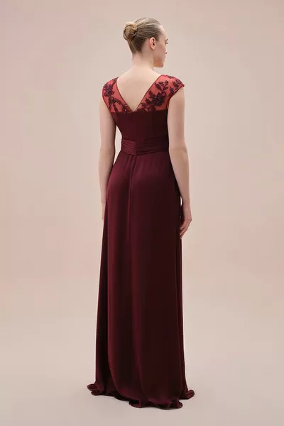 Short Sleeve Chiffon Tulle Collar Detailed Burgundy Dress