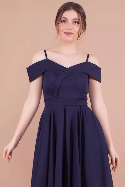 Flexibele Atlas-stof Off Shoulder Gedetailleerde Geplooide Riem Mini Marineblauwe Avondjurk 