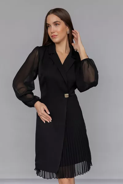 Gonna a pieghe Doppiopetto Giacca Colletto Maniche Tulle Dettagliato Abito Da Sera Nero 