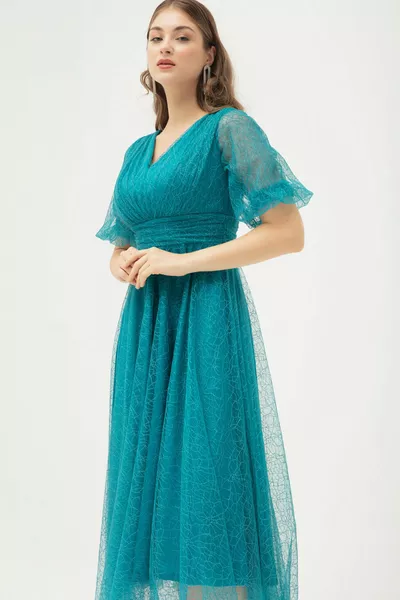 Жените тюркоаз балон ръкав блясък вечерна рокля