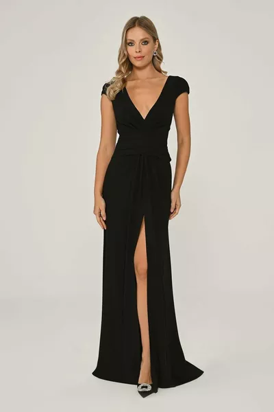 Deep V-Neck Front Draped Tail Crepe Long Dress
