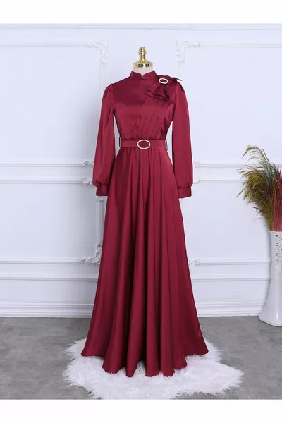 Brooched Bow Stone Belted Satin Evening Dress