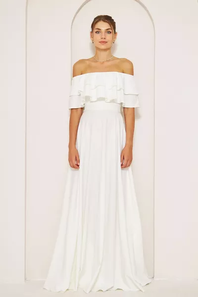 كارمن طوق التفاصيل قطرة الكتف المنسوجة رايات النسيج ماكسي طول فستان سهرة متوهجة