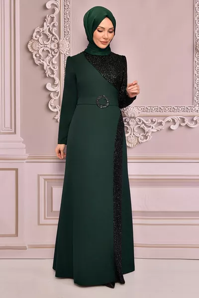 Sequin Detailed Hijab Evening Dress  Emerald