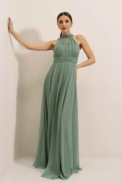 فستان طويل لامع بالنعناع مع بطانة ربطة عنق