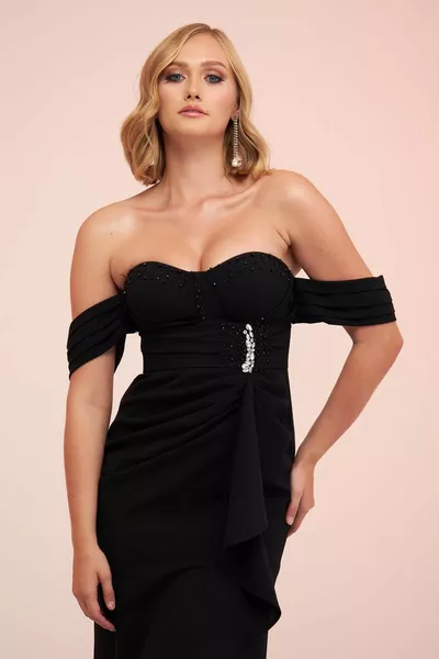 Black Crepe Low Sleeve Slit Long Evening Dress