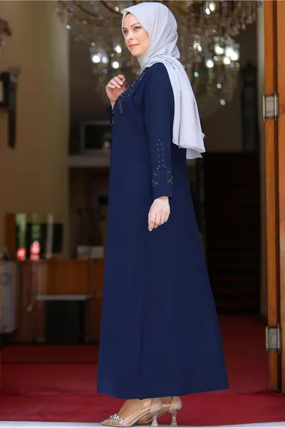 Marineblaues (INDIGO) Perlenbesetztes Abendkleid für Damen T 