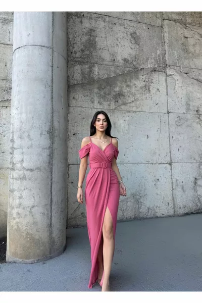 Destina Low Shoulder Rope Strap Slit Evening Dress ROSE COLOR