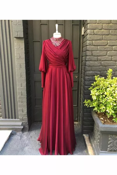Janjan Chiffon Collar Embroidered Luxury Hijab Evening Dress - Burgundy