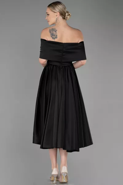 Black Boat Neck Midi Satin Invitation Dress 