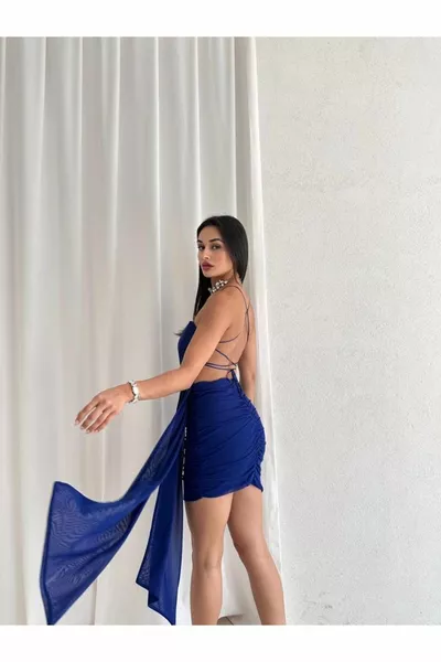 رايات منخفضة قطع قلادة النسيج مفصلة ساكس الأزرق فستان صغير - مساء اللباس والتخرج اللباس