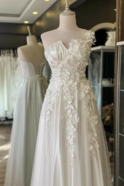 أبيض 3D كبير الأزهار منقوشة والساتان رايات فستان الزفاف وفستان الزفاف