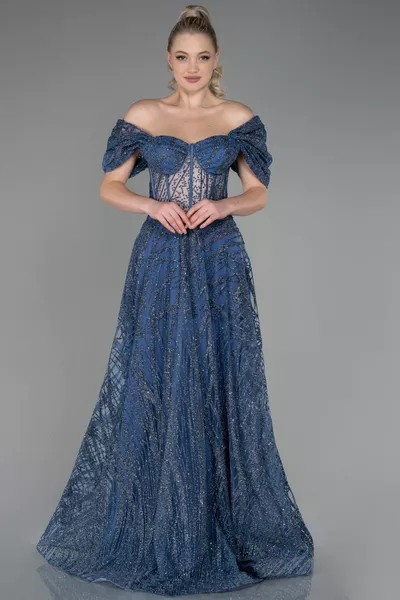 رمادي نيلي قارب الرقبة بريق فستان سهرة طويلة 