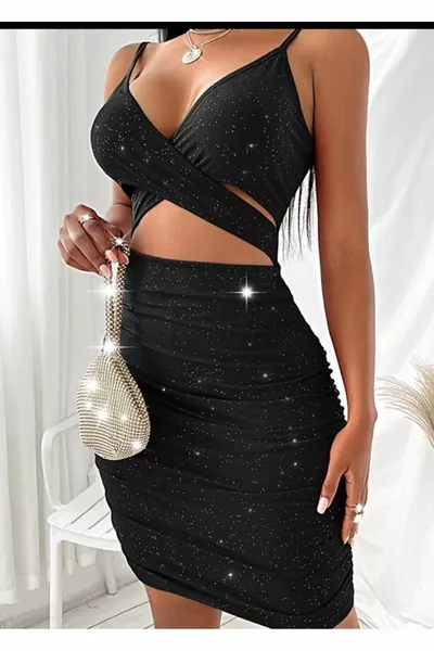 Robe de soirée décolletée croisée à paillettes noires