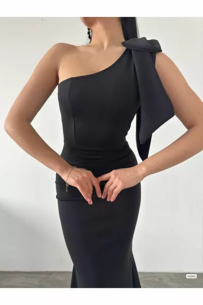 WOMEN'S ONE SHOULDER FOIL DETAIL LONG FISH DRESS