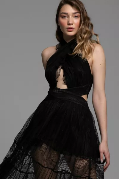 Women's Black Tulle Neck Tie Maxi Dora Dress