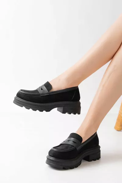  Chaussures mocassins décontractées à semelle haute en daim noir