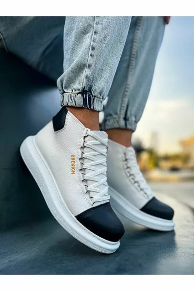 PALURI Lace-Up Leather Men's Boots WHITE/BLACK - CHE