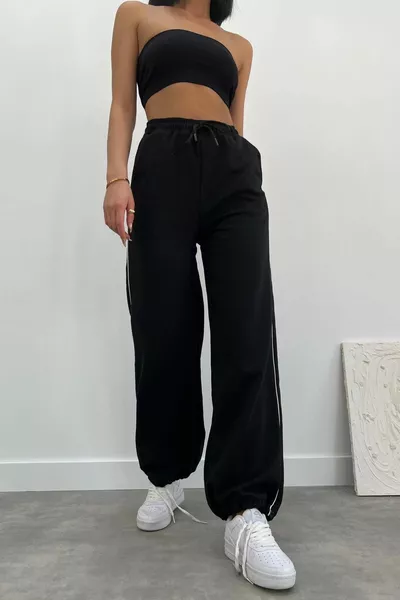 Siyah Yan Biye Bol Eşofman Altı Unisex