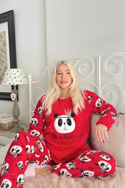 Дамски плюшен пижамен комплект Red Life Panda