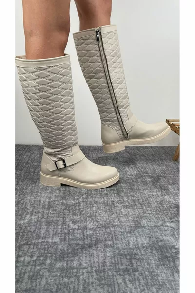 Resssome Bottes à fermeture éclair à semelle épaisse matelassée beige pour femmes