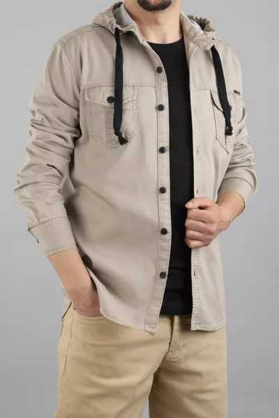 قميص جينز رجالي ضيق بقبعة بلون الحجر