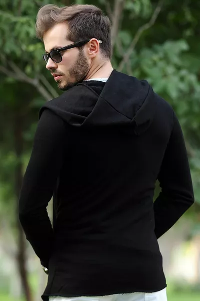 Cardigan lungo nero con cappuccio da uomo