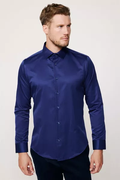 Camicia da uomo blu scuro a maniche lunghe in cotone, slim fit
