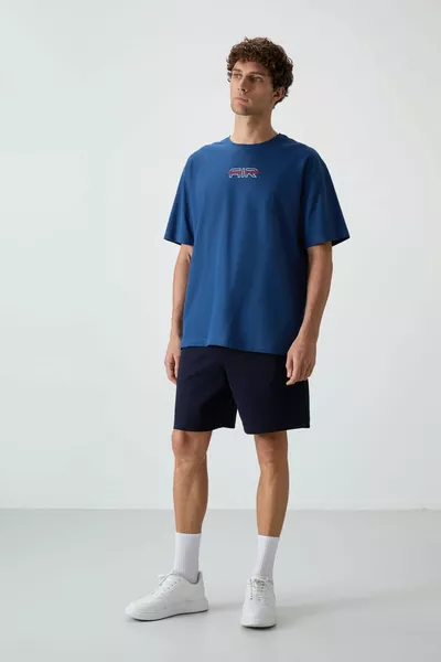 Dunkelblaue Baumwoll-Shorts für Herren, dick, weich strukturiert, Comfort Fit Basic - 