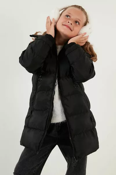 معطف شتوي للبنات ببطانة فرو ناعمة، وياقة وفرو صناعي قابل للإزالة وغطاء رأس قابل للإزالة