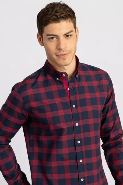 Slim Fit Uzun Kollu Düğmeli Yaka Kareli Pamuklu Kolay Ütü Erkek Gömlek