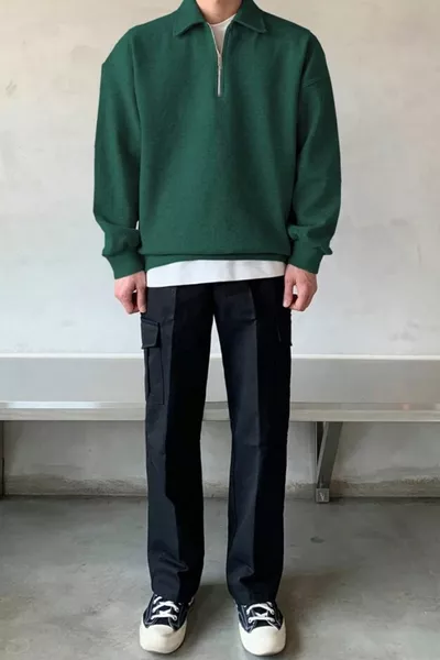 Мужской свитшот оверсайз с воротником поло зелёного цвета
